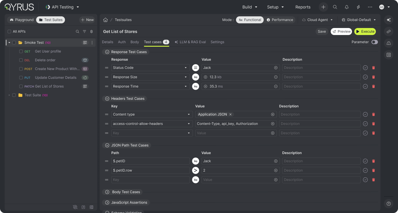 Qyrus test-case editor showing response, header, JSON path, body, JavaScript, and schema checks